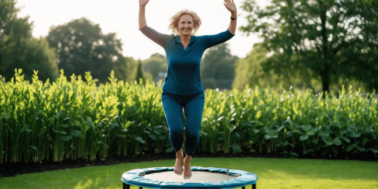 Vrouw van middelbare leeftijd ondersteunt haar lymfestelsel met zachte zelfzorg zoals droogborstelen of rebounding – voor hormonale balans, energie en natuurlijke detox.