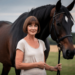 Een 48-jarige vrouw met kort bruin haar, bruine ogen, een klein hoofd, een lange nek en licht scheve tanden staat naast een groot, donkerbruin paard in een landelijke omgeving. Ze draagt een trui en spijkerbroek en kijkt dromerig naar haar paard, terwijl het dier haar zachtjes benadert. De sfeer is warm en rustig, met zacht zonlicht op de achtergrond