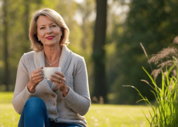 Vrouw van middelbare leeftijd kijkt ontspannen uit het raam met een kop thee – symbool voor herstel, rust en hormonale balans na een emotionele periode.