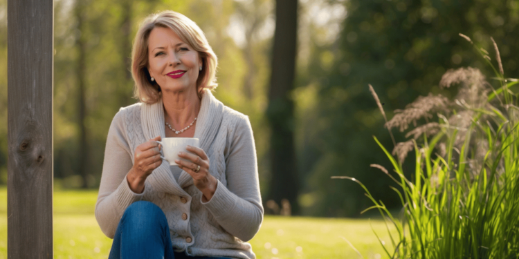 Vrouw van middelbare leeftijd kijkt ontspannen uit het raam met een kop thee – symbool voor herstel, rust en hormonale balans na een emotionele periode.