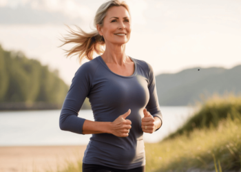 "Vrouw van boven de 40 wandelt in de natuur en straalt gezondheid en hormonale balans uit"