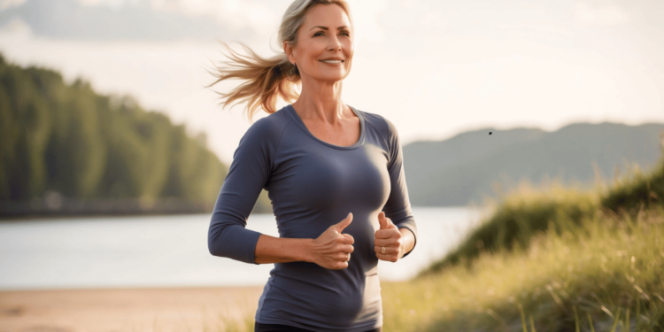 "Vrouw van boven de 40 wandelt in de natuur en straalt gezondheid en hormonale balans uit"