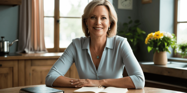 Vrouw van middelbare leeftijd houdt haar hand op haar keel bij vermoeidheid en traagheid, mogelijk door schildklierproblemen tijdens de overgang.