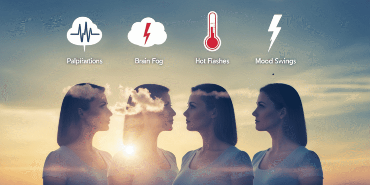 Collage van vage silhouetten van een vrouw met icoontjes erboven die overgangsklachten symboliseren: een hartje voor hartkloppingen, een wolk voor brain fog, een thermometer voor opvliegers en een bliksemschicht voor stemmingswisselingen.