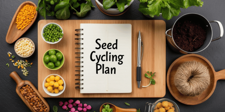 „Een open notitieboek met 'Seed Cycling Plan', omringd door zaden, energy balls en kruidenthee – rustgevend beeld dat natuurlijke hormonale balans ondersteunt voor vrouwen 40+.”