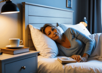 Vrouw van middelbare leeftijd ligt wakker in bed en kijkt naar de klok, symbool voor slaapproblemen tijdens de overgang.