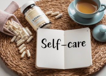 Supplementen met magnesium en B-vitamines naast een kopje thee en notitieboekje, symbool voor natuurlijke ondersteuning tijdens de overgang.