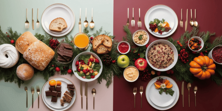 Gedekte feesttafel met twee contrasterende borden: één met ongezonde, bewerkte voeding en één met voedzame, kleurrijke gerechten, als visuele weergave van ‘voeden versus vullen’.