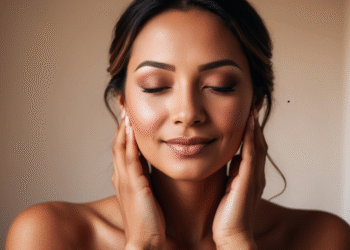 Vrouw houdt haar handen over haar hals als symbool voor het ondersteunen van hormonale balans en schildkliergezondheid"