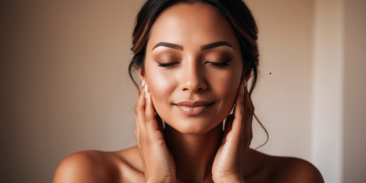 Vrouw houdt haar handen over haar hals als symbool voor het ondersteunen van hormonale balans en schildkliergezondheid"