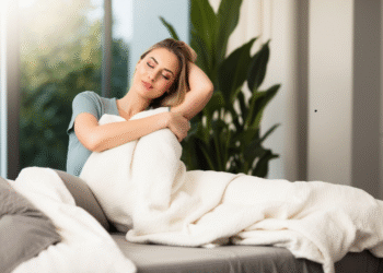 "Vrouw in comfortabele kleding ontspant thuis terwijl ze werkt aan hormonale balans en natuurlijke gezondheid"