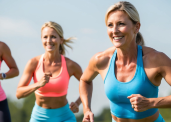 Vrouw van boven de 40 die actief bezig is met gezond afvallen en vitaliteit in de buitenlucht