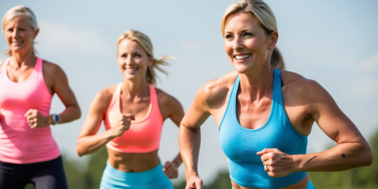 Vrouw van boven de 40 die actief bezig is met gezond afvallen en vitaliteit in de buitenlucht