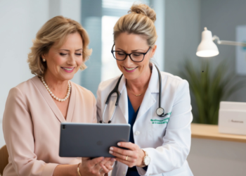 „Vrouw in de overgang in gesprek met arts over bio-identieke hormoontherapie – focus op persoonlijke zorg en hormonale balans.