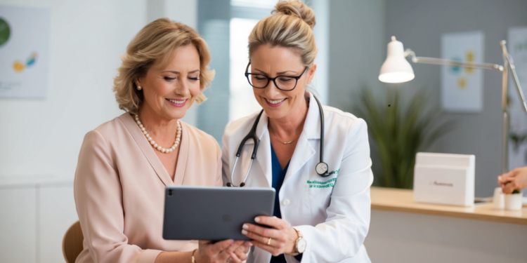 „Vrouw in de overgang in gesprek met arts over bio-identieke hormoontherapie – focus op persoonlijke zorg en hormonale balans.