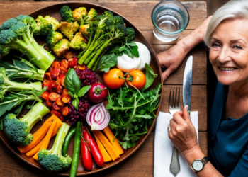 Bord met kleurrijke groenten zoals broccoli, wortels, spinazie, bieten en knoflook, klaar om gegeten te worden door een senior – symbool voor gezond en vitaal ouder worden met natuurlijke voeding.