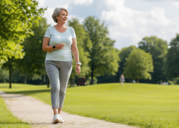 Vrouw van 50+ wandelt in de natuur als onderdeel van een gezonde leefstijl voor hart en hormonen tijdens de overgang.”