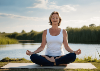 Vrouw van middelbare leeftijd in stilte in de natuur, symbool voor innerlijke rust, emotionele heling en zelfreflectie tijdens de overgang.