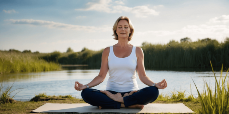 Vrouw van middelbare leeftijd in stilte in de natuur, symbool voor innerlijke rust, emotionele heling en zelfreflectie tijdens de overgang.