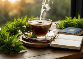 Kop moringathee met verse moringablaadjes op een houten tafel – natuurlijk hulpmiddel tegen stress en hoge cortisolniveaus.