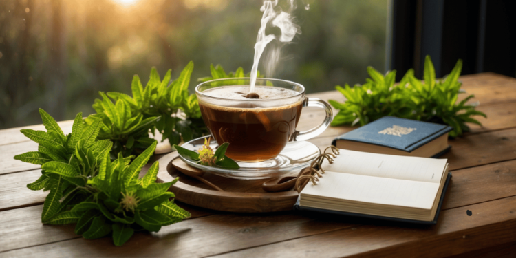 Kop moringathee met verse moringablaadjes op een houten tafel – natuurlijk hulpmiddel tegen stress en hoge cortisolniveaus.