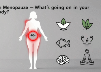 Schematische afbeelding van een vrouw met ontstekingssymbolen rond schouder en buik, omringd door pictogrammen van gezonde voeding, beweging en stressvermindering, met de titel ‘Ontstekingen in de overgang’.