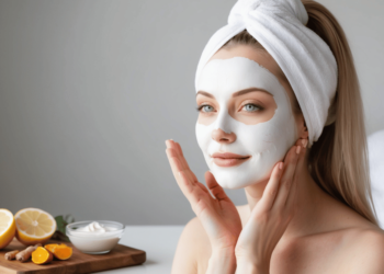“Vrouw brengt natuurlijk gezichtsmasker met yoghurt en kurkuma aan tegen hyperpigmentatie”