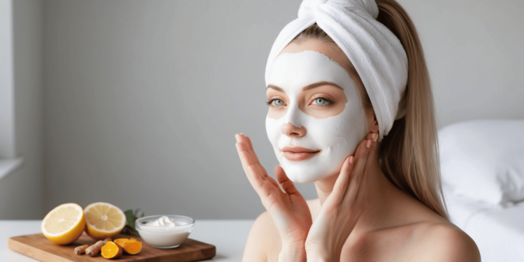 “Vrouw brengt natuurlijk gezichtsmasker met yoghurt en kurkuma aan tegen hyperpigmentatie”