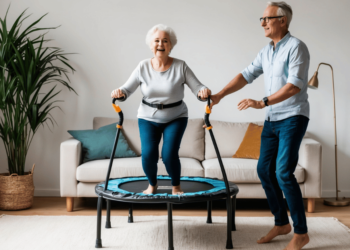 Oudere vrouw en man oefenen samen op een minitrampoline in huis, waarbij de vrouw een stabilisatiestang gebruikt – veilige en plezierige training voor ouderen.