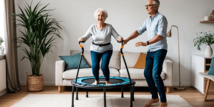 Oudere vrouw en man oefenen samen op een minitrampoline in huis, waarbij de vrouw een stabilisatiestang gebruikt – veilige en plezierige training voor ouderen.