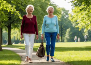 Senior wandelt zelfverzekerd door het park als symbool voor kracht, rust en het terugwinnen van respect van volwassen kinderen.