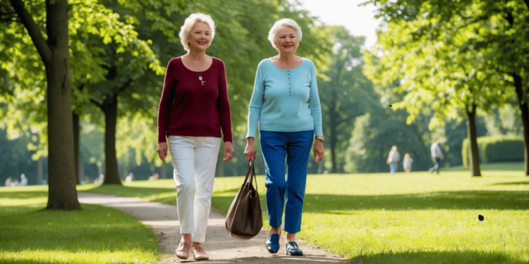 Senior wandelt zelfverzekerd door het park als symbool voor kracht, rust en het terugwinnen van respect van volwassen kinderen.