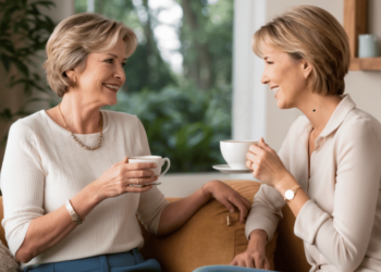 Twee vrouwen van middelbare leeftijd in reflectief moment, nadenkend over hun relaties tijdens de overgang.