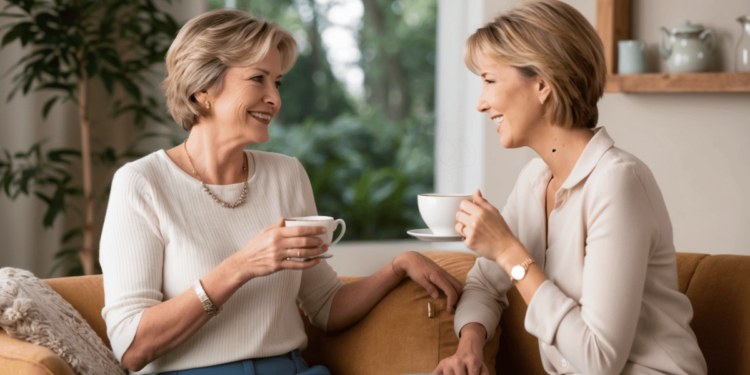 Twee vrouwen van middelbare leeftijd in reflectief moment, nadenkend over hun relaties tijdens de overgang.