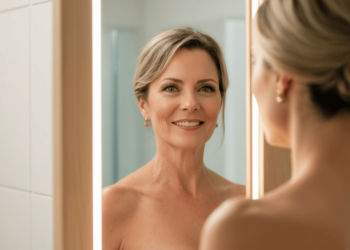 "Vrouw voert gezichtsmassage uit tegen onderkin met duim onder kaak en haakvormige wijsvinger onder de kin, gericht op versteviging van de kaaklijn."