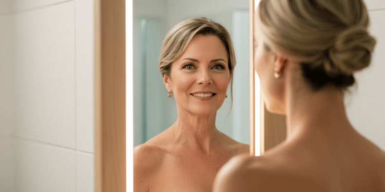 "Vrouw voert gezichtsmassage uit tegen onderkin met duim onder kaak en haakvormige wijsvinger onder de kin, gericht op versteviging van de kaaklijn."