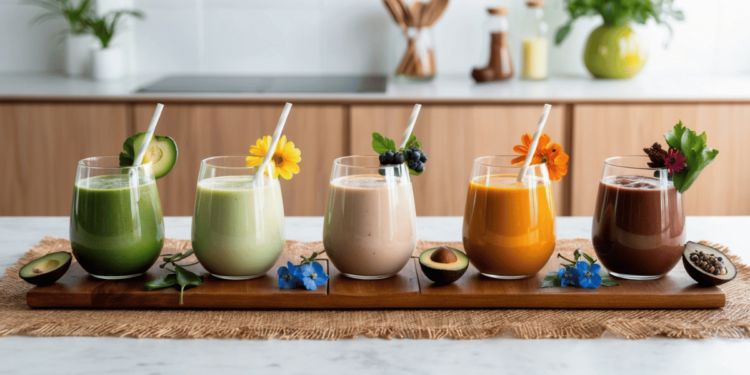 Vijf kleurrijke smoothies met verse ingrediënten zoals spinazie, blauwe bessen, kurkuma, avocado en lavendel – speciaal samengesteld om stress te verlagen en de bijnieren te ondersteunen bij vrouwen van 40+