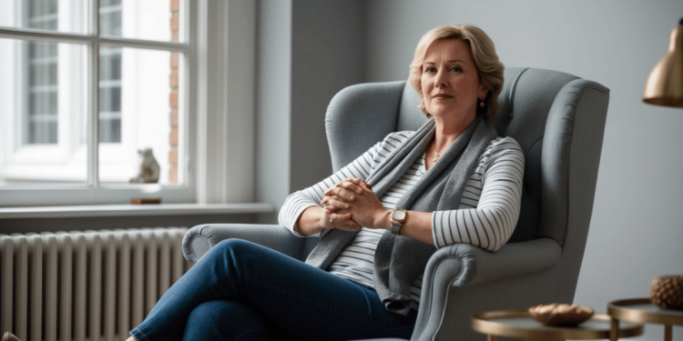 Vrouw van 40+ neemt bewust rustmoment om herstel van bijnieruitputting en hormonale balans te ondersteunen.