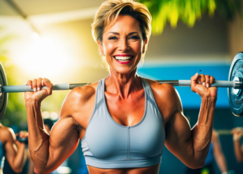 „Vrouw van middelbare leeftijd straalt vitaliteit uit tijdens krachttraining – een symbool voor de rol van testosteron bij gezond ouder worden in de menopauze.”