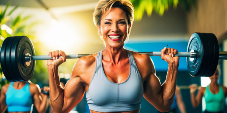 „Vrouw van middelbare leeftijd straalt vitaliteit uit tijdens krachttraining – een symbool voor de rol van testosteron bij gezond ouder worden in de menopauze.”