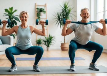 Man en vrouw van 50+ voeren thuis een krachttraining uit met dumbbells en weerstandsband, in een lichte woonkamer – actief, gezond en vitaal ouder worden.