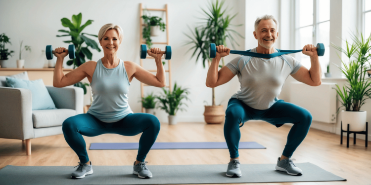 Man en vrouw van 50+ voeren thuis een krachttraining uit met dumbbells en weerstandsband, in een lichte woonkamer – actief, gezond en vitaal ouder worden.