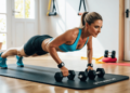 Persoon voert push-ups uit op een fitnessmat in de woonkamer, met dumbbells en weerstandsband in zicht – thuis je bovenlichaam trainen zonder sportschool.
