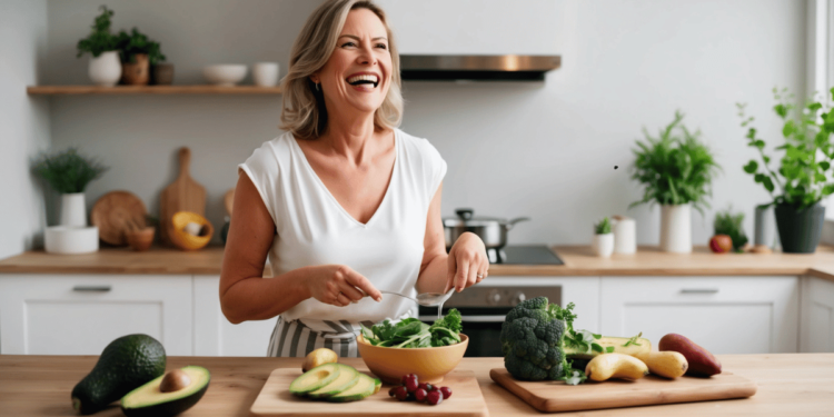 Vrouw van boven de 40 bereidt een gezonde, hormoonvriendelijke maaltijd in haar keuken