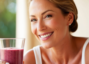 Vrouw van 40+ met stralende huid eet gezonde voeding ter ondersteuning van natuurlijke huidverjonging