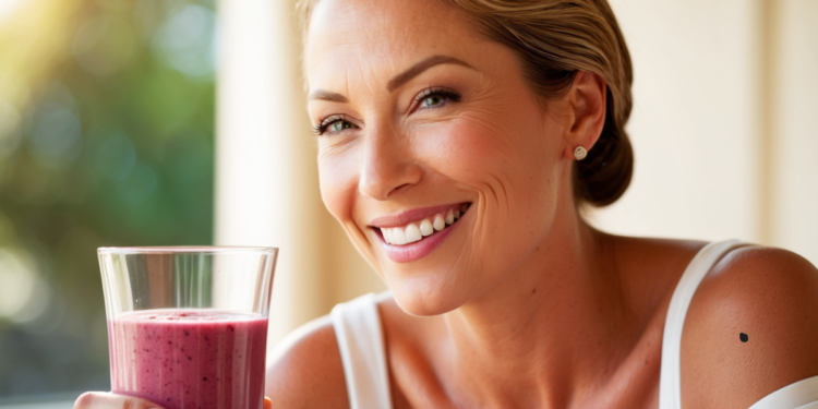 Vrouw van 40+ met stralende huid eet gezonde voeding ter ondersteuning van natuurlijke huidverjonging