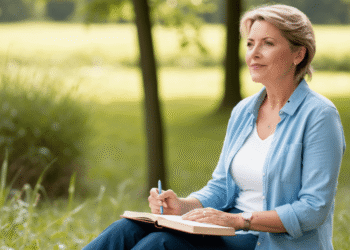 „Vrouw van middelbare leeftijd geniet van een moment voor zichzelf met een kop thee en een notitieboek in de natuur – symbool voor zelfzorg, rust en balans.