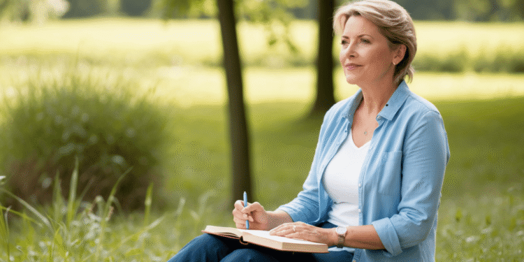 „Vrouw van middelbare leeftijd geniet van een moment voor zichzelf met een kop thee en een notitieboek in de natuur – symbool voor zelfzorg, rust en balans.