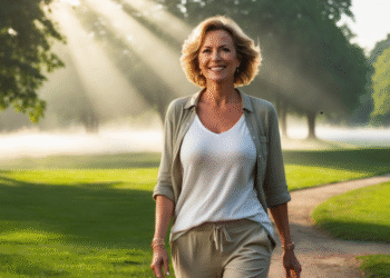 Energieke vrouw van 40+ wandelt in ochtendzon door groen landschap – symbool voor vitaliteit en gezondheid