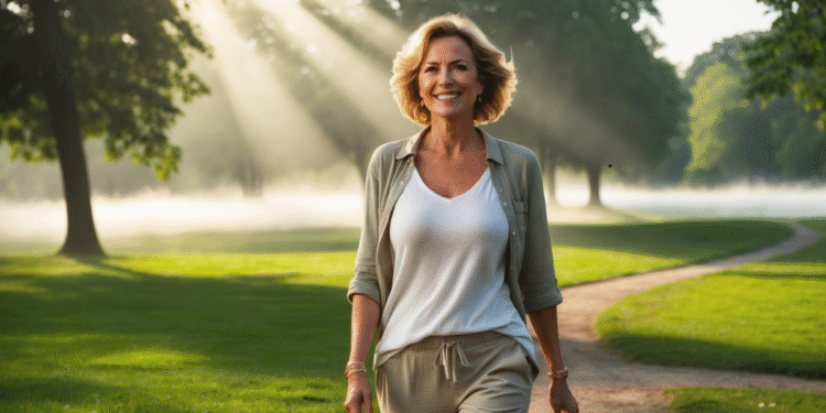 Energieke vrouw van 40+ wandelt in ochtendzon door groen landschap – symbool voor vitaliteit en gezondheid